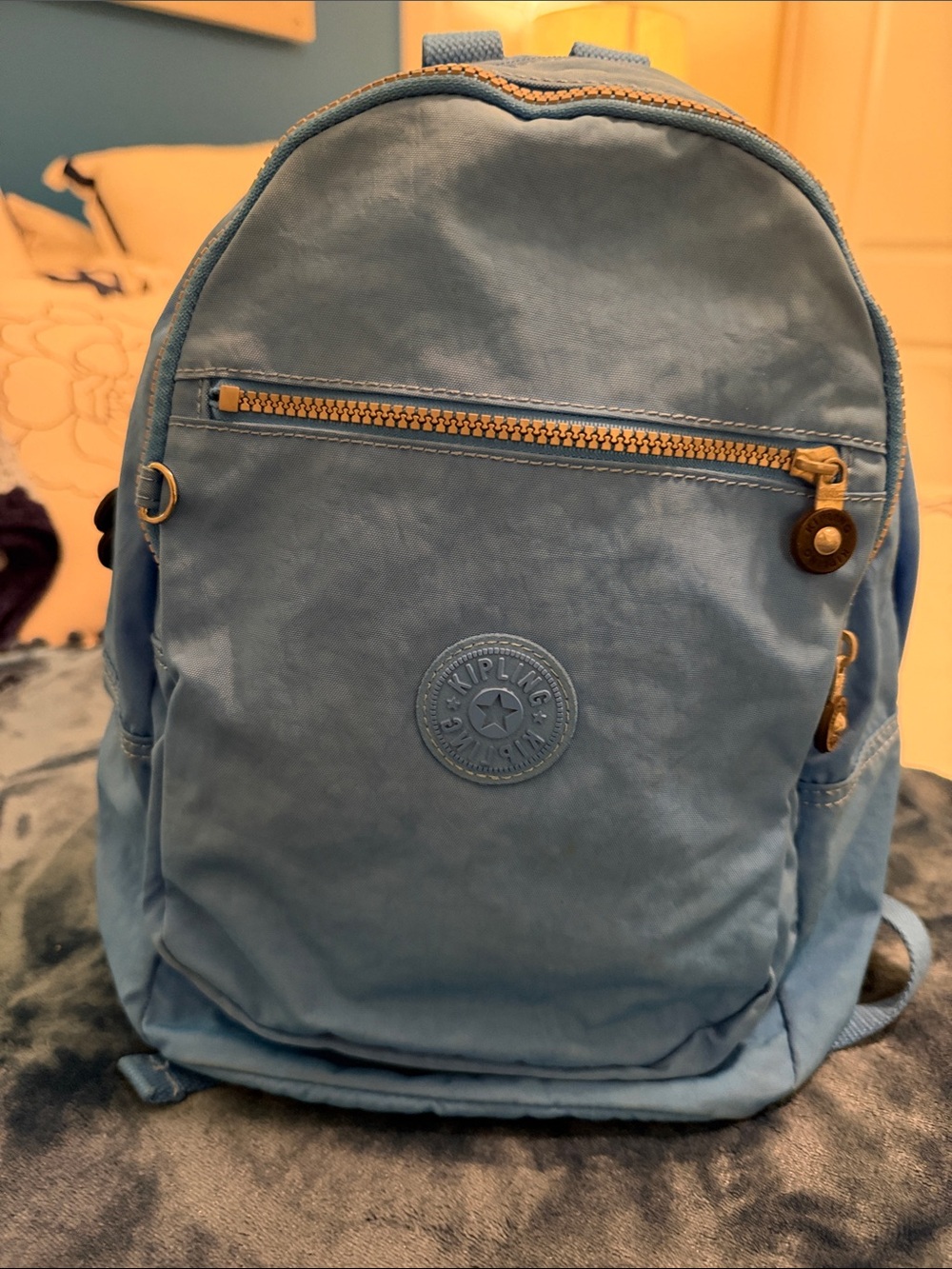 Kipling Light Blue Nylon Backpack with Gold Accents